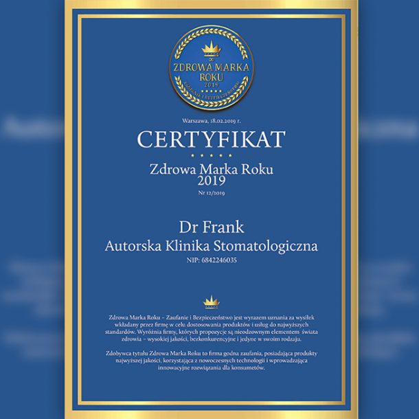 Certyfikat Dr Frank klinika stomatologiczna Gabinet stomatologiczny Dr Frank - Warszawa Mokotów
