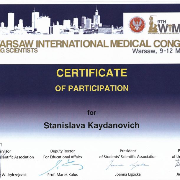 Certifikat Stanislava Kaydanovich Gabinet stomatologiczny Dr Frank - Warszawa Mokotów