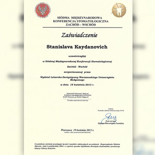 Certifikat Stanislava Kaydanovich Gabinet stomatologiczny Dr Frank - Warszawa Mokotów
