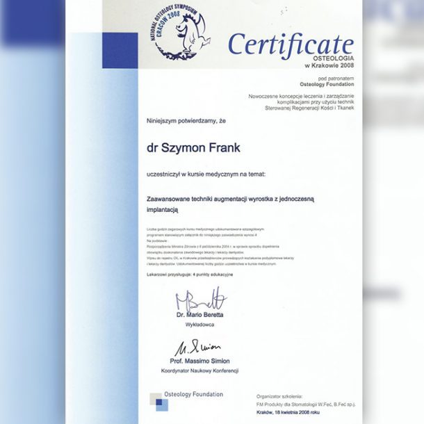 Certyfikat Szymon Frank Gabinet stomatologiczny Dr Frank - Warszawa Mokotów
