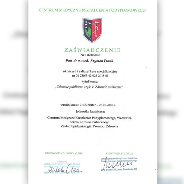 Certyfikat Szymon Frank Gabinet stomatologiczny Dr Frank - Warszawa Mokotów