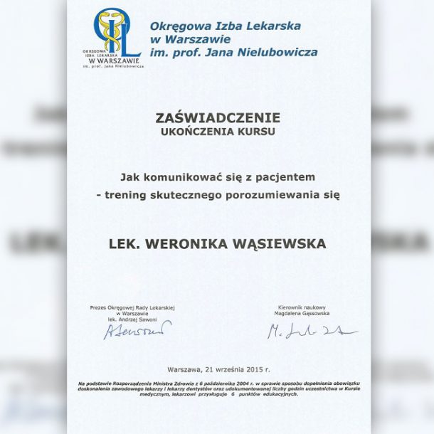 Certifikat Weronika Wąsiewska Gabinet stomatologiczny Dr Frank - Warszawa Mokotów