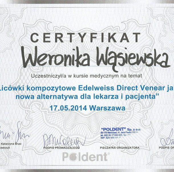 Certifikat Weronika Wąsiewska