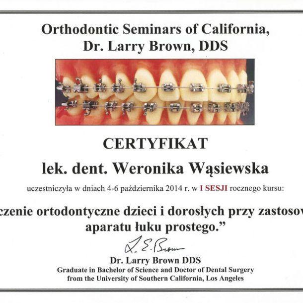 Certifikat Weronika Wąsiewska Gabinet stomatologiczny Dr Frank - Warszawa Mokotów