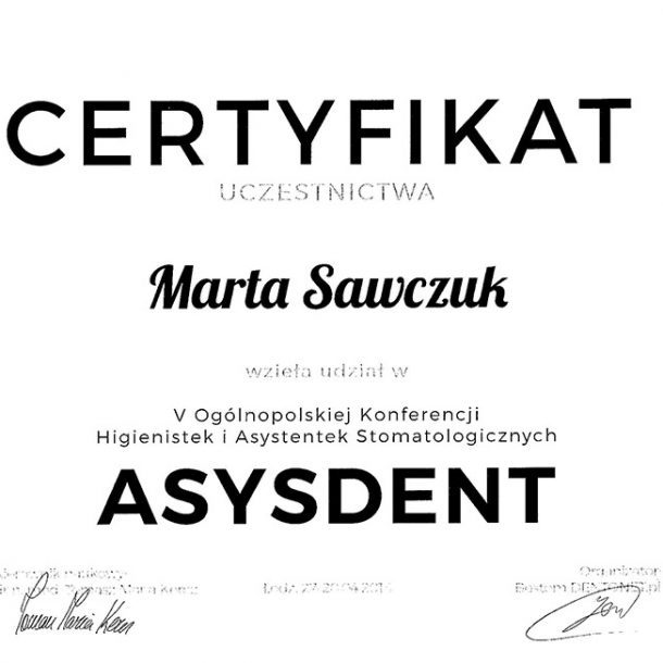 Certyfikat Marta Sawczuk Gabinet stomatologiczny Dr Frank - Warszawa Mokotów