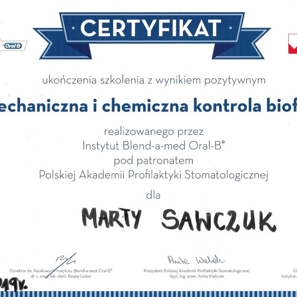 Certifikat Marta Sawczuk Gabinet stomatologiczny Dr Frank - Warszawa Mokotów
