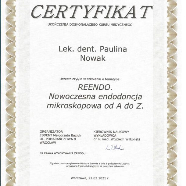 Certyfikat lek. dent. Paulina Nowak Gabinet stomatologiczny Dr Frank - Warszawa Mokotów