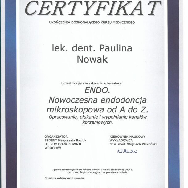 Certyfikat lek. dent. Paulina Nowak Gabinet stomatologiczny Dr Frank - Warszawa Mokotów